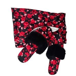 NEW Victorias Secret Floral Satin Fluffy Slippers Womens Size L Red Black